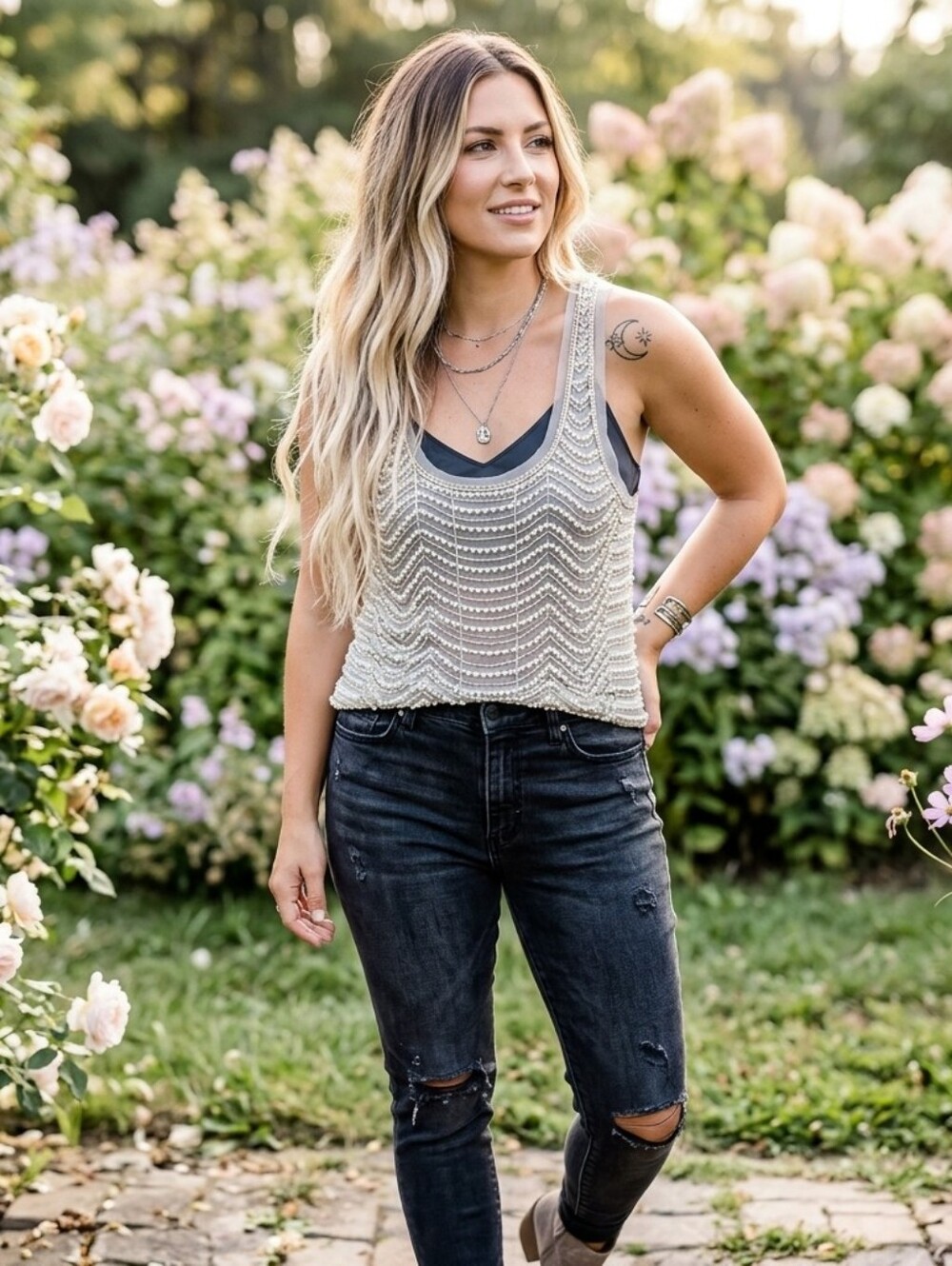 English RoseStunning SHEER Beaded Cream Tank Top Siz🌹e S/M Stretchy Material